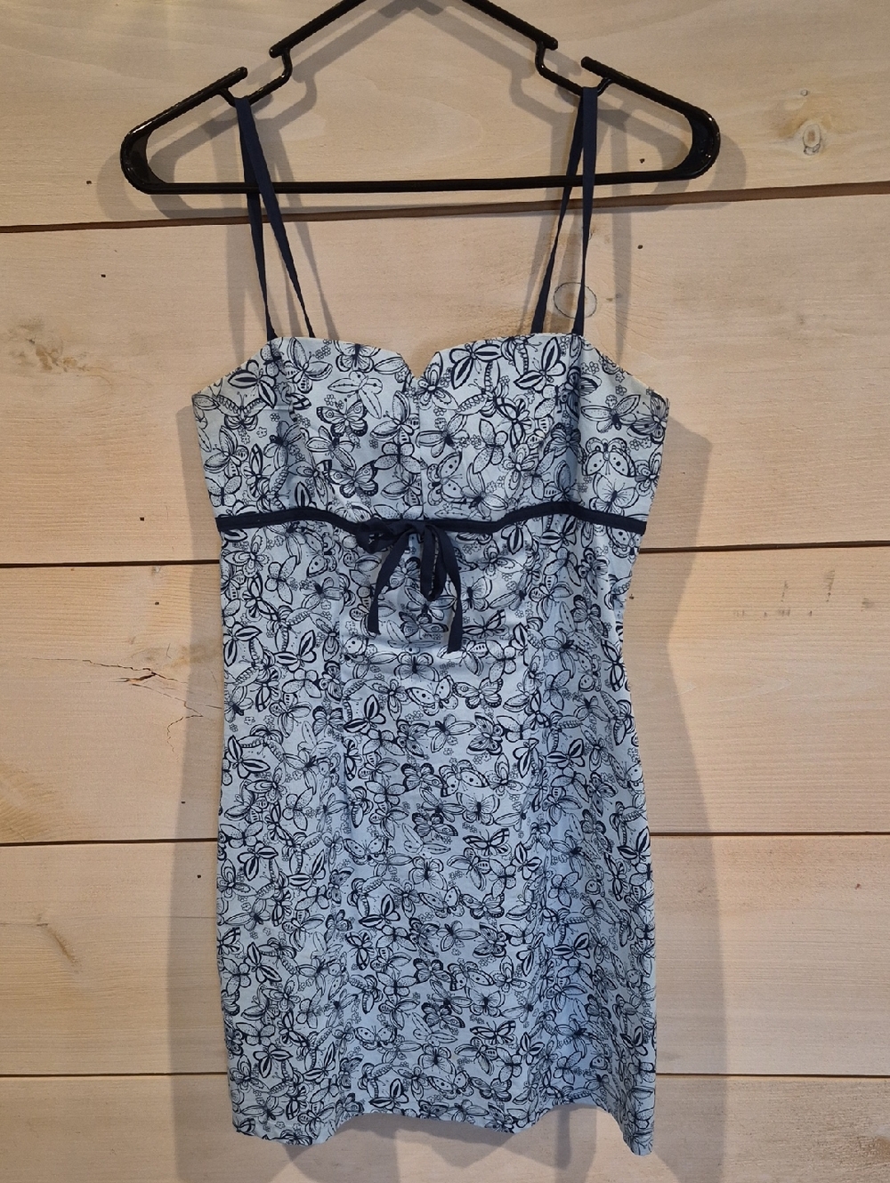 Aqua Blues, Light Blue Butterfly Pattern A-line Mini Dress w Navy Trim Size Med